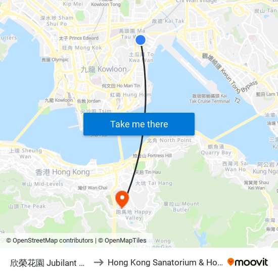 欣榮花園 Jubilant Place to Hong Kong Sanatorium & Hospital map
