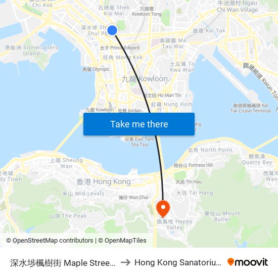 深水埗楓樹街 Maple Street Sham Shui Po to Hong Kong Sanatorium & Hospital map