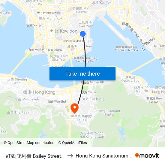 紅磡庇利街 Bailey Street Hung Hom to Hong Kong Sanatorium & Hospital map