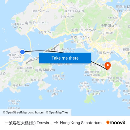 一號客運大樓(北) Terminal 1 (North) to Hong Kong Sanatorium & Hospital map
