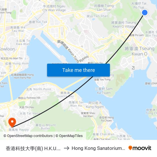 香港科技大學(南) H.K.U.S.T. (South) to Hong Kong Sanatorium & Hospital map