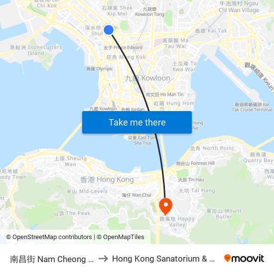 南昌街 Nam Cheong Street to Hong Kong Sanatorium & Hospital map