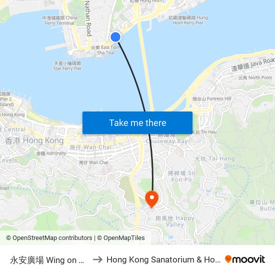 永安廣場 Wing on Plaza to Hong Kong Sanatorium & Hospital map