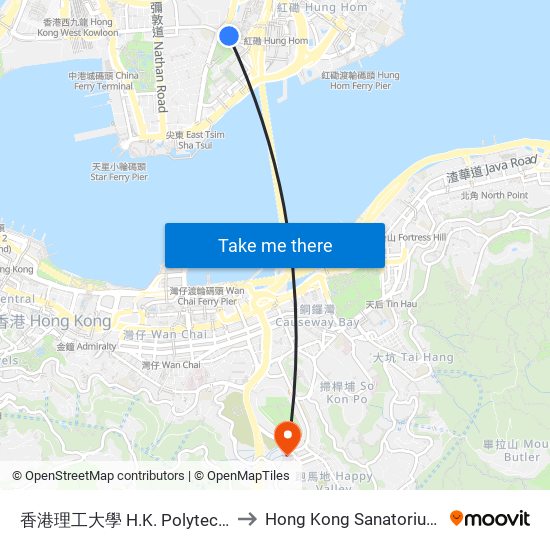 香港理工大學 H.K. Polytechnic University to Hong Kong Sanatorium & Hospital map