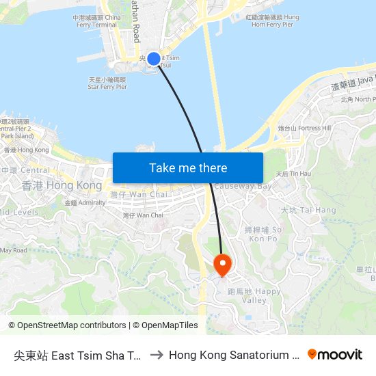 尖東站 East Tsim Sha Tsui Station to Hong Kong Sanatorium & Hospital map