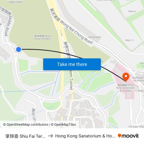 肇輝臺 Shiu Fai Terrace to Hong Kong Sanatorium & Hospital map