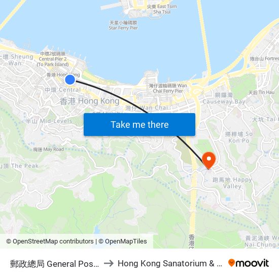 郵政總局 General Post Office to Hong Kong Sanatorium & Hospital map