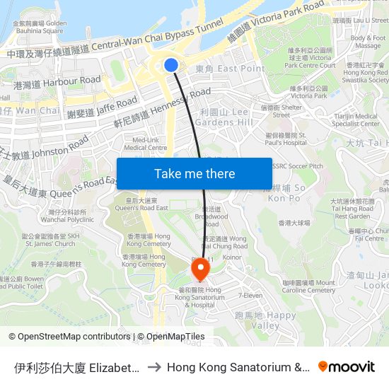 伊利莎伯大廈 Elizabeth House to Hong Kong Sanatorium & Hospital map
