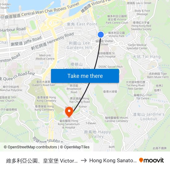 維多利亞公園、皇室堡 Victoria Park, Windsor House to Hong Kong Sanatorium & Hospital map