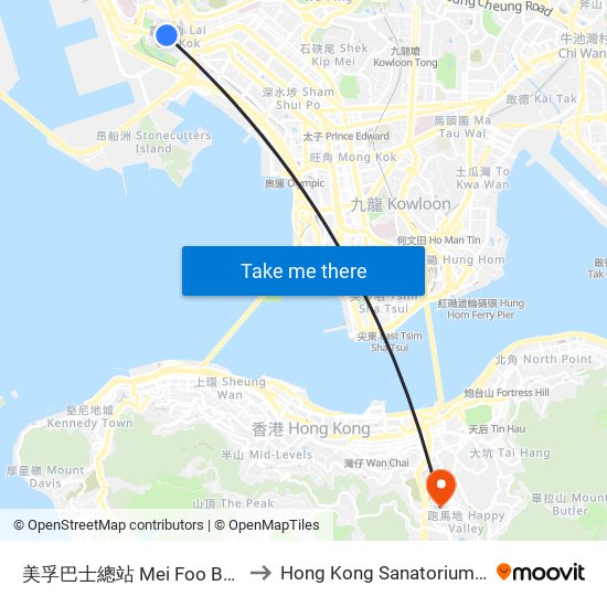 美孚巴士總站 Mei Foo Bus Terminus to Hong Kong Sanatorium & Hospital map