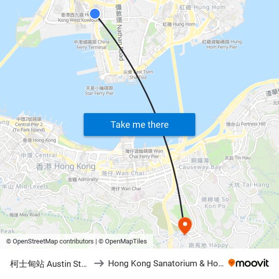 柯士甸站 Austin Station to Hong Kong Sanatorium & Hospital map