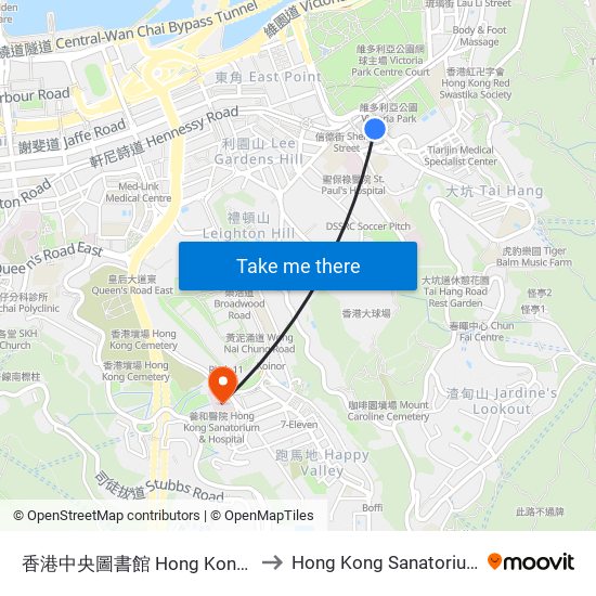 香港中央圖書館 Hong Kong Central Library to Hong Kong Sanatorium & Hospital map