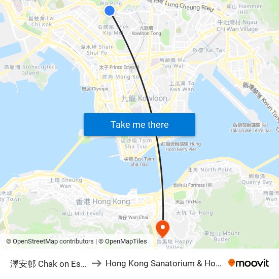 澤安邨 Chak on Estate to Hong Kong Sanatorium & Hospital map