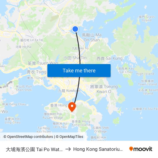 大埔海濱公園 Tai Po Waterfront Park to Hong Kong Sanatorium & Hospital map