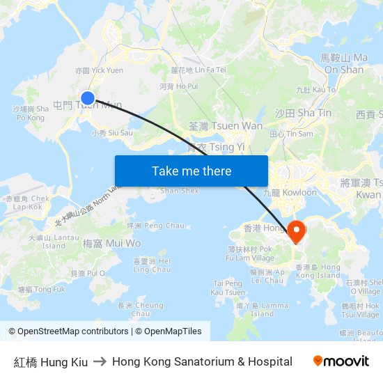 紅橋 Hung Kiu to Hong Kong Sanatorium & Hospital map