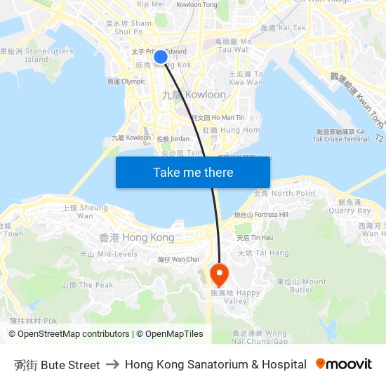 弼街 Bute Street to Hong Kong Sanatorium & Hospital map