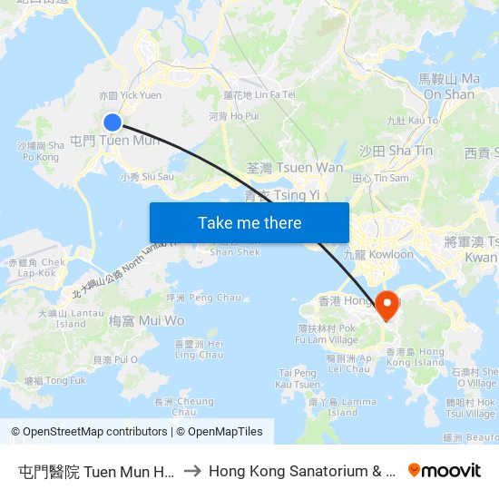屯門醫院 Tuen Mun Hospital to Hong Kong Sanatorium & Hospital map