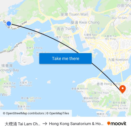 大欖涌 Tai Lam Chung to Hong Kong Sanatorium & Hospital map