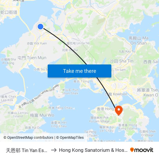 天恩邨 Tin Yan Estate to Hong Kong Sanatorium & Hospital map
