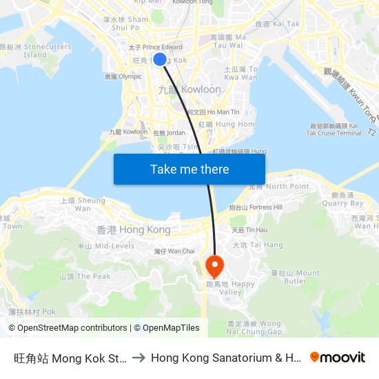 旺角站 Mong Kok Station to Hong Kong Sanatorium & Hospital map