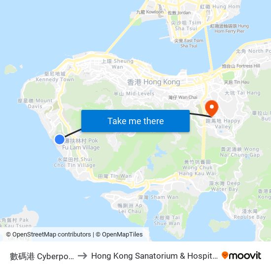 數碼港 Cyberport to Hong Kong Sanatorium & Hospital map