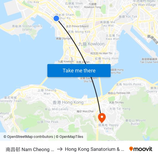 南昌邨 Nam Cheong Estate to Hong Kong Sanatorium & Hospital map