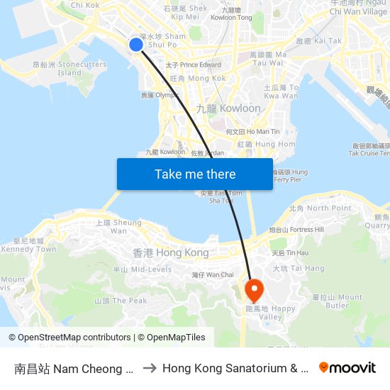 南昌站 Nam Cheong Station to Hong Kong Sanatorium & Hospital map