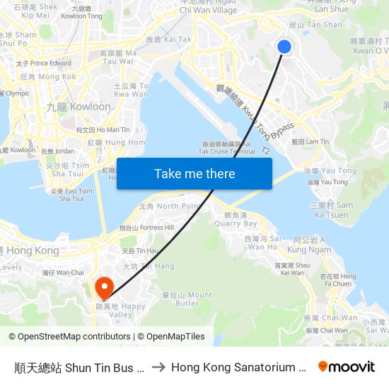 順天總站 Shun Tin Bus Terminus to Hong Kong Sanatorium & Hospital map