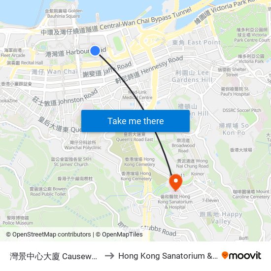 灣景中心大廈 Causeway Centre to Hong Kong Sanatorium & Hospital map