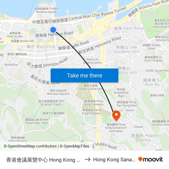 香港會議展覽中心 Hong Kong Convention & Exhibition Centre to Hong Kong Sanatorium & Hospital map