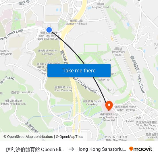 伊利沙伯體育館 Queen Elizabeth Stadium to Hong Kong Sanatorium & Hospital map