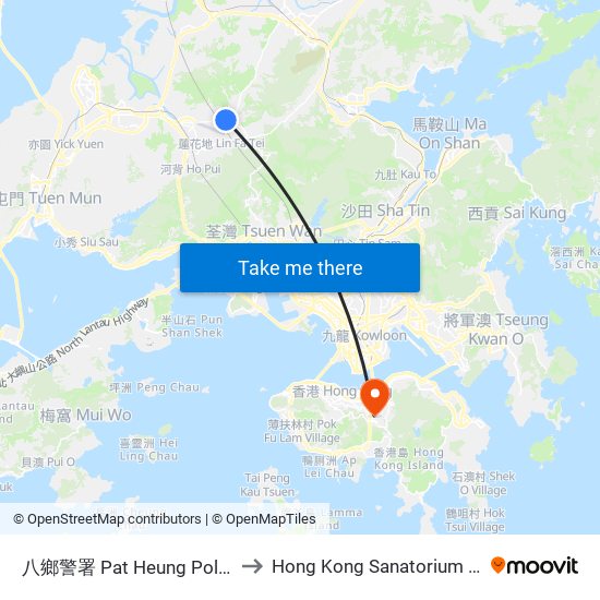 八鄉警署 Pat Heung Police Station to Hong Kong Sanatorium & Hospital map