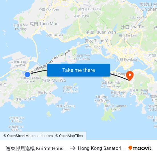 逸東邨居逸樓 Kui Yat House Yat Tung Estate to Hong Kong Sanatorium & Hospital map