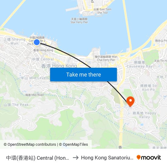 中環(香港站) Central (Hong Kong Station) to Hong Kong Sanatorium & Hospital map