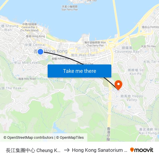 長江集團中心 Cheung Kong Center to Hong Kong Sanatorium & Hospital map