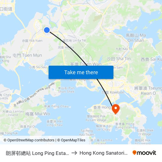 朗屏邨總站 Long Ping Estate Bus Terminus to Hong Kong Sanatorium & Hospital map