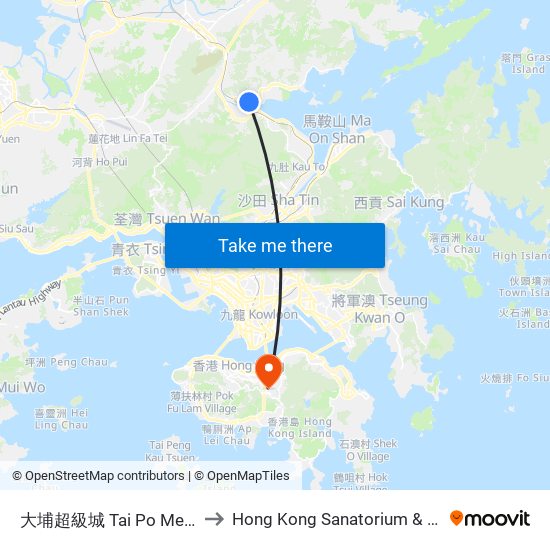 大埔超級城 Tai Po Mega Mall to Hong Kong Sanatorium & Hospital map