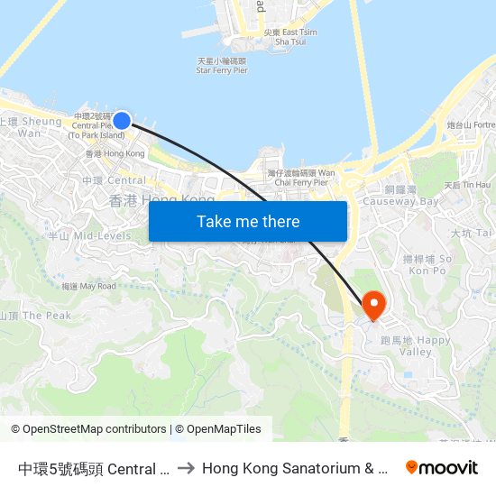 中環5號碼頭 Central Pier 5 to Hong Kong Sanatorium & Hospital map