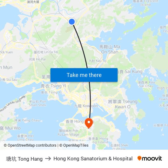 塘坑 Tong Hang to Hong Kong Sanatorium & Hospital map