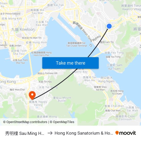 秀明樓 Sau Ming House to Hong Kong Sanatorium & Hospital map