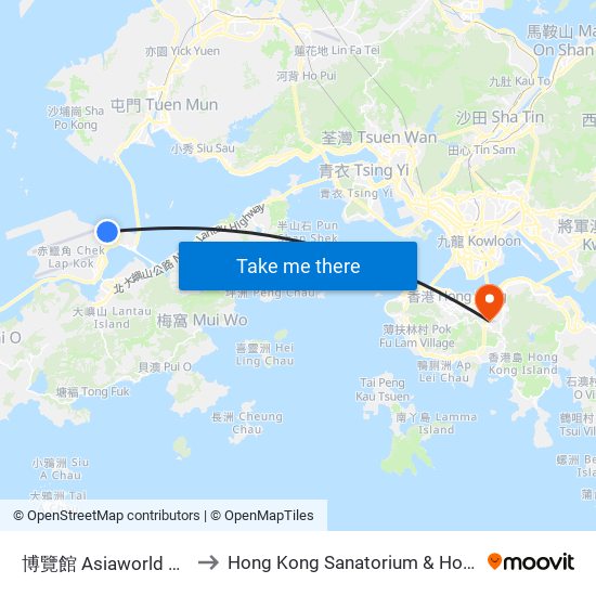 博覽館 Asiaworld Expo to Hong Kong Sanatorium & Hospital map