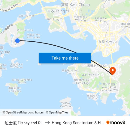 迪士尼 Disneyland Resort to Hong Kong Sanatorium & Hospital map