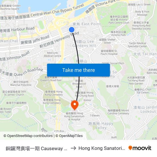 銅鑼灣廣場一期 Causeway Bay Plaza Phase 1 to Hong Kong Sanatorium & Hospital map