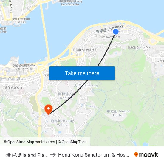 港運城 Island Place to Hong Kong Sanatorium & Hospital map