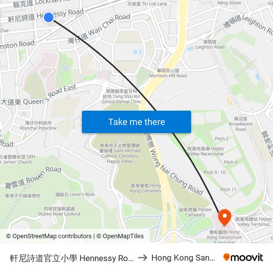 軒尼詩道官立小學 Hennessy Road Government Primary School to Hong Kong Sanatorium & Hospital map