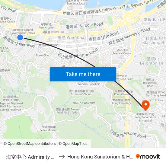 海富中心 Admiralty Centre to Hong Kong Sanatorium & Hospital map