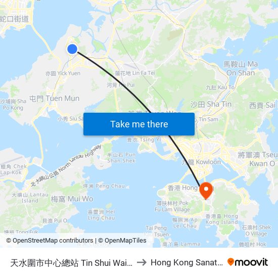 天水圍市中心總站 Tin Shui Wai Town Centre Bus Terminus to Hong Kong Sanatorium & Hospital map