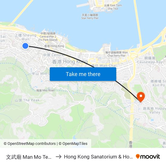 文武廟 Man Mo Temple to Hong Kong Sanatorium & Hospital map