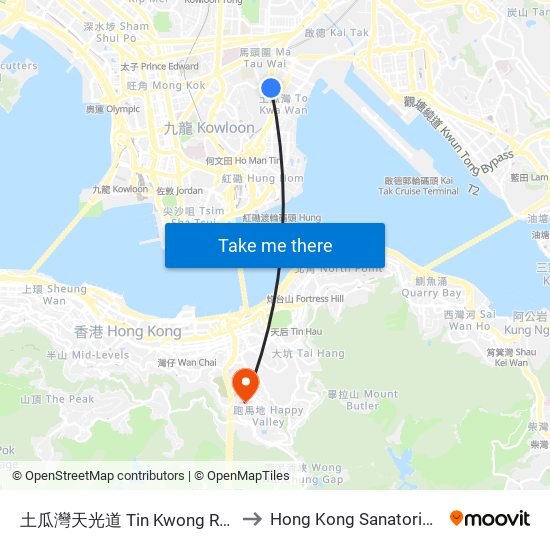 土瓜灣天光道 Tin Kwong Road To Kwa Wan to Hong Kong Sanatorium & Hospital map