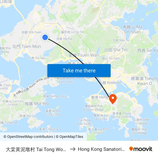 大棠黃泥墩村 Tai Tong Wong Nai Tun Tsuen to Hong Kong Sanatorium & Hospital map